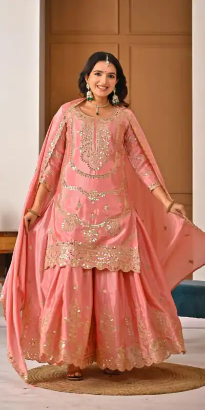 ND 5033 Peach Chinon Silk Salwar Suit with Embroidery Work & Lace Work. Affordable Price ₹2149. Delivery 4-6 Working Days. Shop now. | Jump Suits, Salwar suit, Casual Suits, Creative suits, Designer Suits, Palazzo Suits, Party Wear Suits, Patiala Suits, Straight Suits