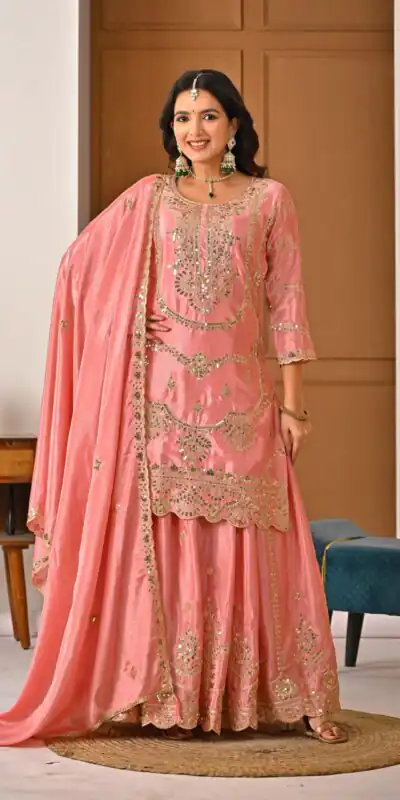 ND 5033 Peach Chinon Silk Salwar Suit with Embroidery Work & Lace Work. Affordable Price ₹2149. Delivery 4-6 Working Days. Shop now. | Jump Suits, Salwar suit, Casual Suits, Creative suits, Designer Suits, Palazzo Suits, Party Wear Suits, Patiala Suits, Straight Suits