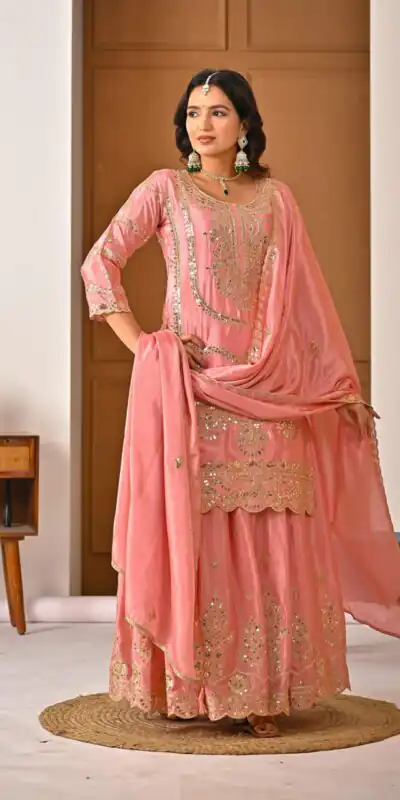 ND 5033 Peach Chinon Silk Salwar Suit with Embroidery Work & Lace Work. Affordable Price ₹2149. Delivery 4-6 Working Days. Shop now. | Jump Suits, Salwar suit, Casual Suits, Creative suits, Designer Suits, Palazzo Suits, Party Wear Suits, Patiala Suits, Straight Suits
