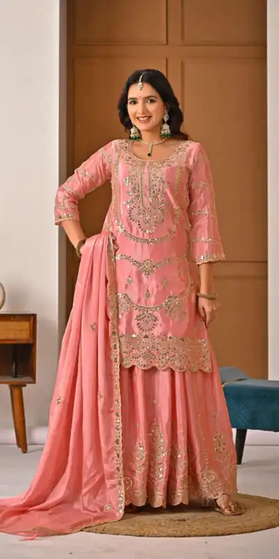 ND 5033 Peach Chinon Silk Salwar Suit with Embroidery Work & Lace Work. Affordable Price ₹2149. Delivery 4-6 Working Days. Shop now. | Jump Suits, Salwar suit, Casual Suits, Creative suits, Designer Suits, Palazzo Suits, Party Wear Suits, Patiala Suits, Straight Suits