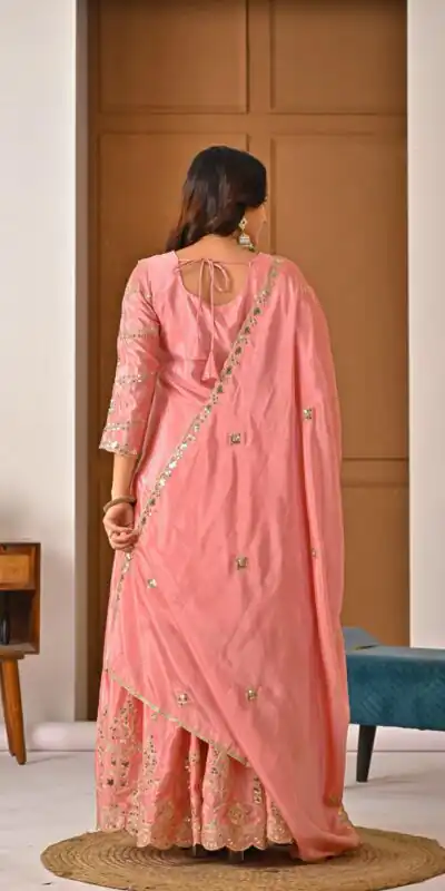 ND 5033 Peach Chinon Silk Salwar Suit with Embroidery Work & Lace Work. Affordable Price ₹2149. Delivery 4-6 Working Days. Shop now. | Jump Suits, Salwar suit, Casual Suits, Creative suits, Designer Suits, Palazzo Suits, Party Wear Suits, Patiala Suits, Straight Suits