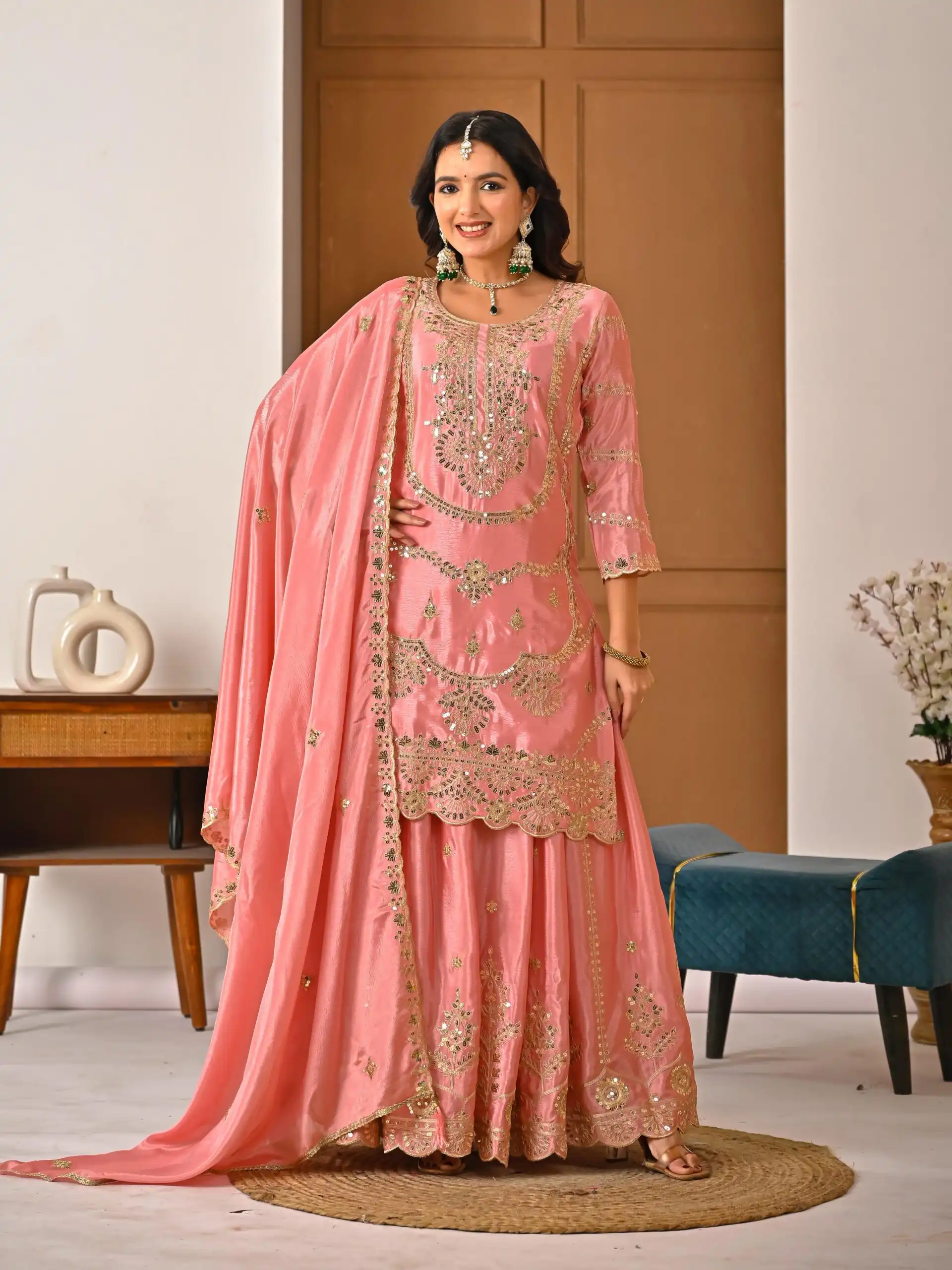 ND 5033 Peach Chinon Silk Salwar Suit with Embroidery Work & Lace Work. Affordable Price ₹2149. Delivery 4-6 Working Days. Shop now. | Jump Suits, Salwar suit, Casual Suits, Creative suits, Designer Suits, Palazzo Suits, Party Wear Suits, Patiala Suits, Straight Suits
