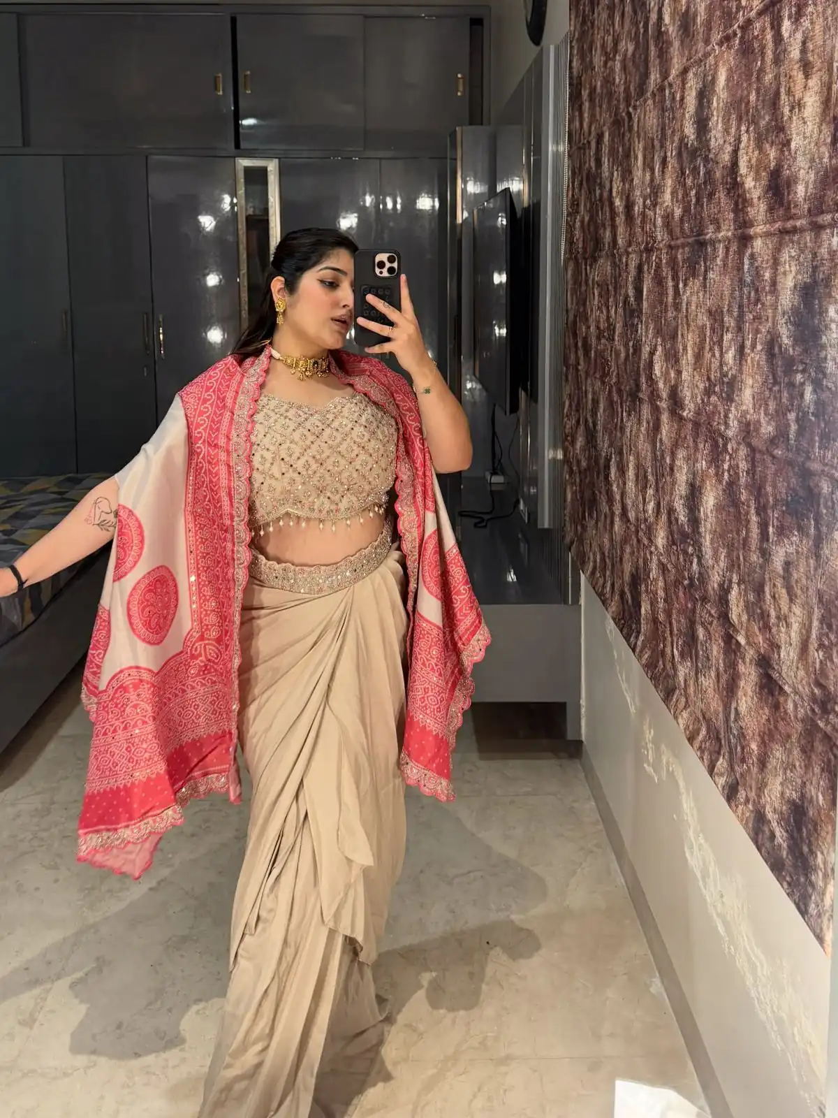 Peach Crap Silk Embroidery Mirror Work Dhoti Suit - Image 4