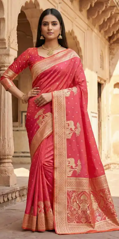 MB 25 GAJRAJ Peach in Pure Banarasi Silk Zari Work & Lace Work Saree . Introductory Price ₹1899. Delivery 4-6 Working Days. Shop now. | Designer Sarees, Sarees, Bollywood Sarees, Creative Sarees, Embroidered Sarees, Ethnic Saree, Modern Digital sarees, Party Wear Sarees