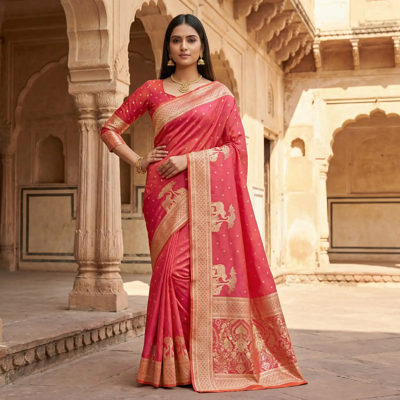 Peach Pure Banarasi Silk Zari Lace Work Saree