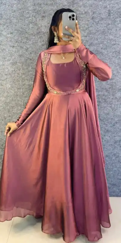 MF 888 Peach Rangoli Silk Gown with Lace Border & Lace Work. Available at ₹1649 only. Delivery 4-6 Working Days. Shop now. | Gowns, Bollywood Gowns, Creative Gowns, Designer Gowns, Embroidered Gowns, Party Wear Gowns