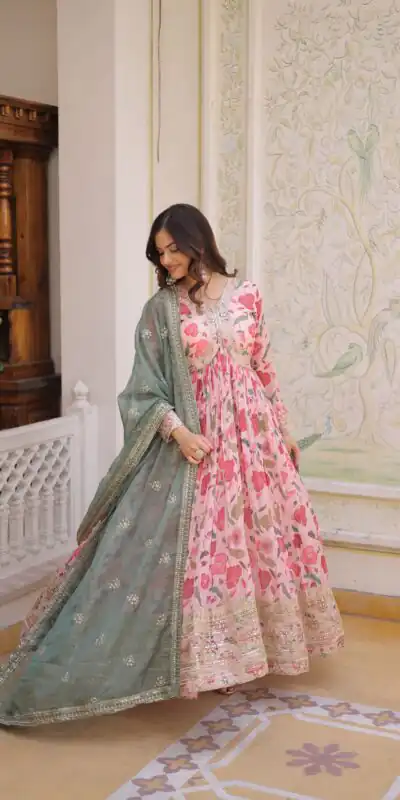 Peach Russian Silk Embroidery Zari Work Gown