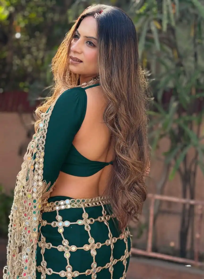 Peacock Blue Fendy Silk Lace Mirror Work Saree - Image 2