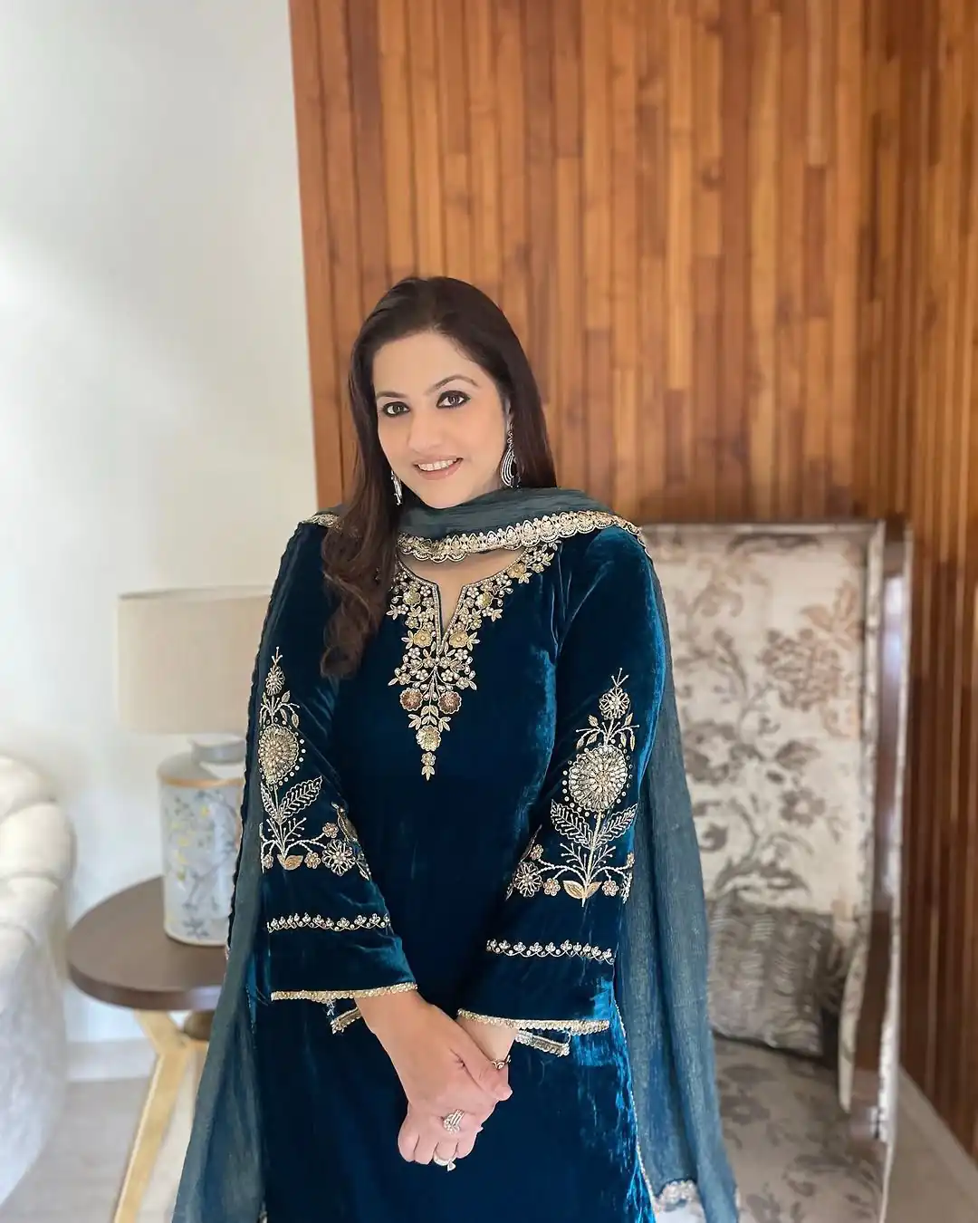 Peacock Blue Velvet Sequence Work Salwar Suit - Image 4