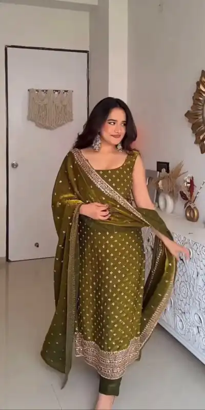 KD 1577 Mehendi Fendy Silk Salwar Suit with Mirror Work & Embroidery Work. Best Price ₹1999. Delivery 4-6 Working Days. Shop now. | Jump Suits, Salwar suit, Casual Suits, Creative suits, Designer Suits, Palazzo Suits, Party Wear Suits, Patiala Suits, Straight Suits