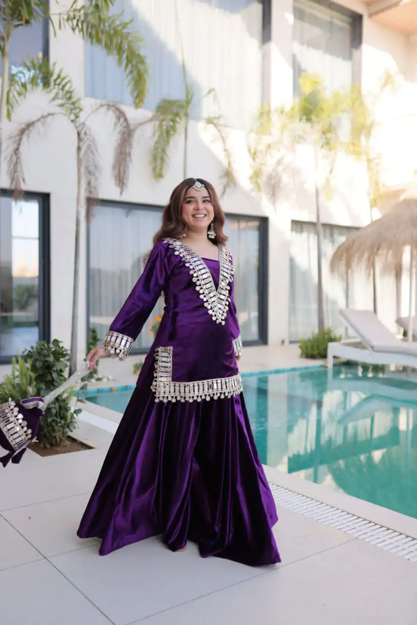 Z 111 Purple in Color 9000 Velvet. Mirror Work & Embroidery Work Salwar Suit Get it for ₹1999. Delivery 4-6 Working Days. Shop now. | Jump Suits, Salwar suit, Casual Suits, Creative suits, Designer Suits, Palazzo Suits, Party Wear Suits, Patiala Suits, Straight Suits