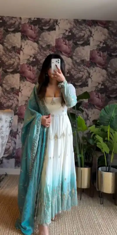 RTC 5986 White Star Gorgette Salwar Suit with Designer Work. Affordable Price ₹2599. Delivery 4-6 Working Days. Shop now. | Anarkali Suits, Bollywood Anarkali, Creative-Anarkali, Designer Anarkali, Embroidered Anarkali, Party Wear Anarkali