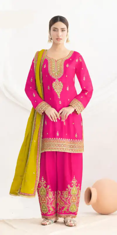 Pink Chinon Embroidery Mirror Work Salwar Suit