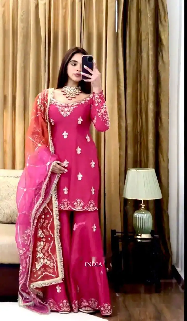 Pink Chinon Silk Embroidery Work Sawlar Suit - Image 2