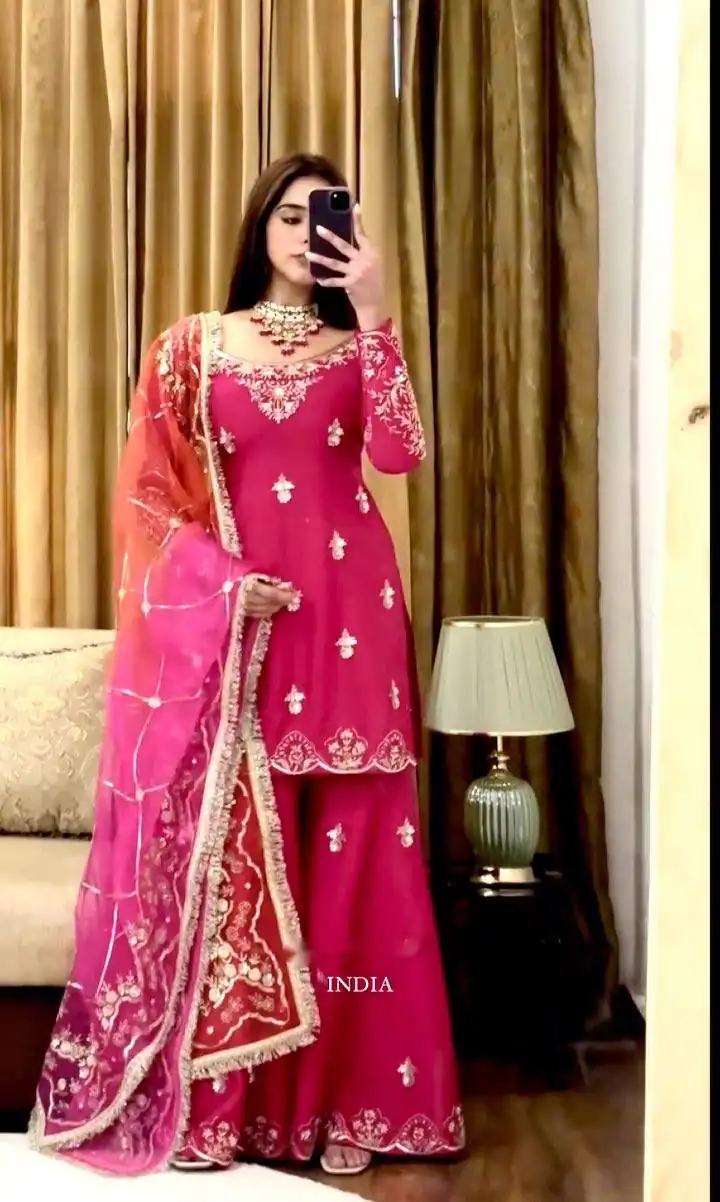 Pink Chinon Silk Embroidery Work Sawlar Suit