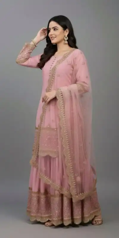 ZF 250 Pink Color Faux Georgette Embroidery Sequence Work Sharara Suit Wedding, Party, Festive, Events Etc. Expected Delivery 4-6 Working Days @2099/- | Jump Suits, Salwar suit, Casual Suits, Creative suits, Designer Suits, Palazzo Suits, Party Wear Suits, Patiala Suits, Straight Suits