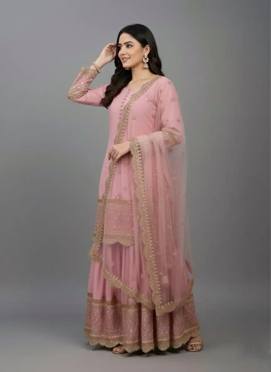 ZF 250 Pink Color Faux Georgette Embroidery Sequence Work Sharara Suit Wedding, Party, Festive, Events Etc. Expected Delivery 4-6 Working Days @2099/- | Jump Suits, Salwar suit, Casual Suits, Creative suits, Designer Suits, Palazzo Suits, Party Wear Suits, Patiala Suits, Straight Suits