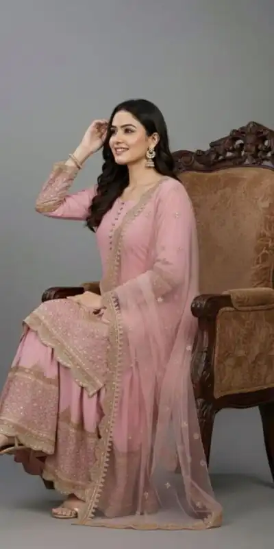 ZF 250 Pink Color Faux Georgette Embroidery Sequence Work Sharara Suit Wedding, Party, Festive, Events Etc. Expected Delivery 4-6 Working Days @2099/- | Jump Suits, Salwar suit, Casual Suits, Creative suits, Designer Suits, Palazzo Suits, Party Wear Suits, Patiala Suits, Straight Suits