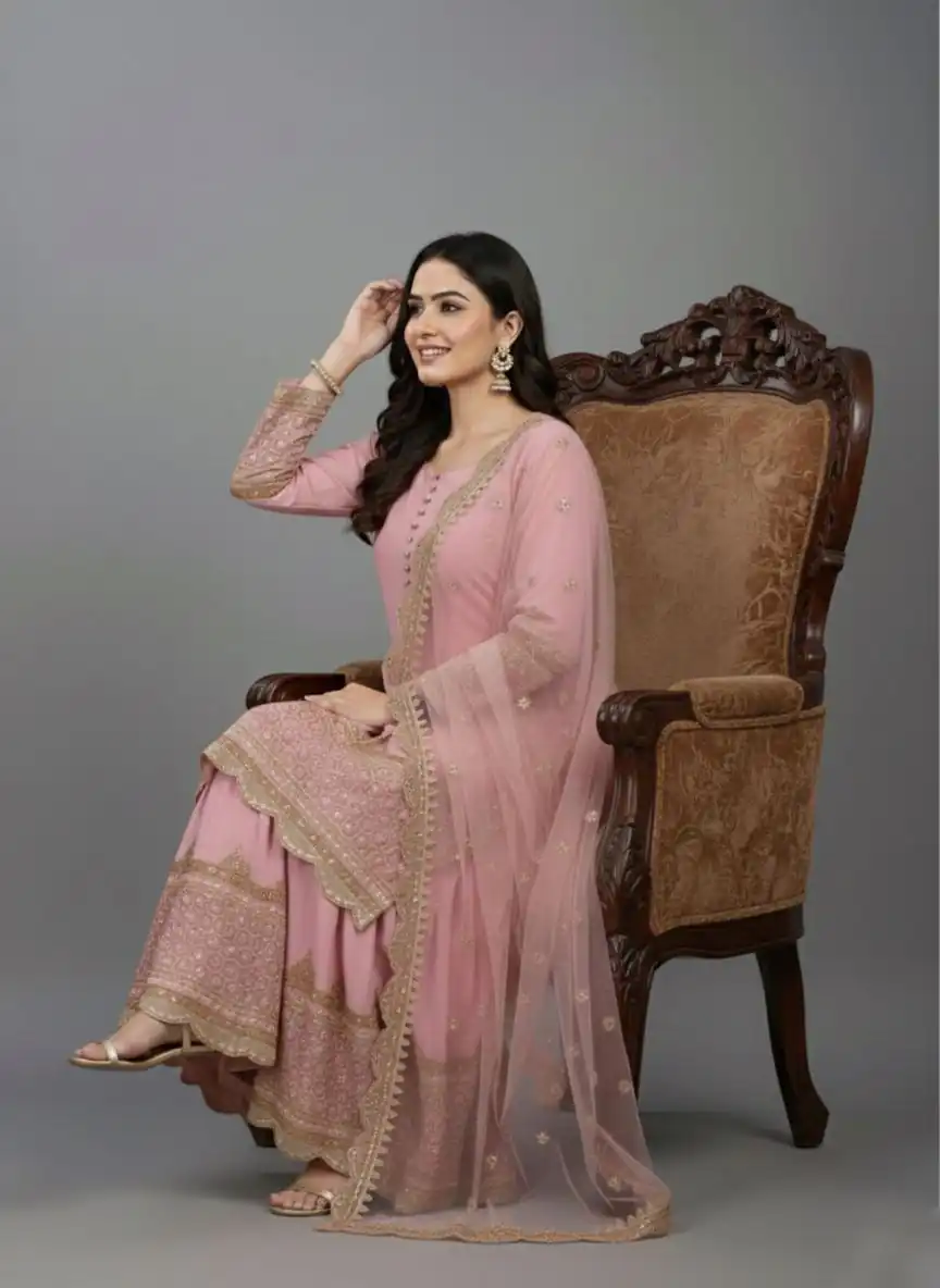 ZF 250 Pink Color Faux Georgette Embroidery Sequence Work Sharara Suit Wedding, Party, Festive, Events Etc. Expected Delivery 4-6 Working Days @2099/- | Jump Suits, Salwar suit, Casual Suits, Creative suits, Designer Suits, Palazzo Suits, Party Wear Suits, Patiala Suits, Straight Suits