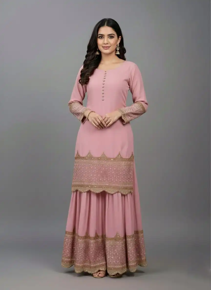 ZF 250 Pink Color Faux Georgette Embroidery Sequence Work Sharara Suit Wedding, Party, Festive, Events Etc. Expected Delivery 4-6 Working Days @2099/- | Jump Suits, Salwar suit, Casual Suits, Creative suits, Designer Suits, Palazzo Suits, Party Wear Suits, Patiala Suits, Straight Suits