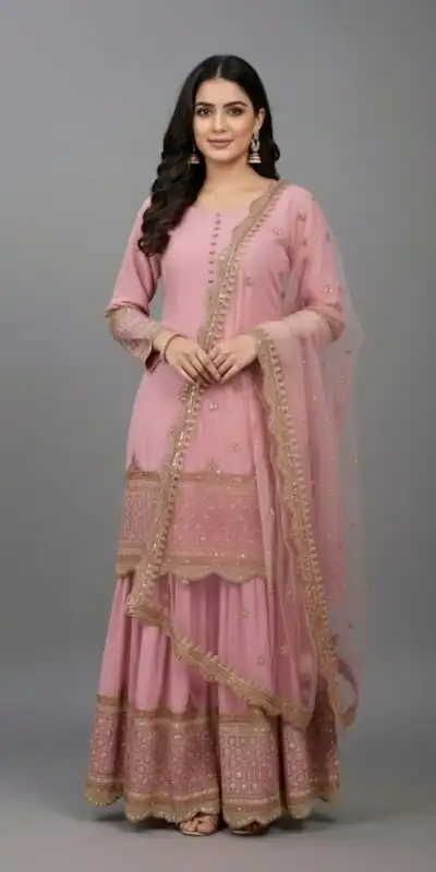 ZF 250 Pink Color Faux Georgette Embroidery Sequence Work Sharara Suit Wedding, Party, Festive, Events Etc. Expected Delivery 4-6 Working Days @2099/- | Jump Suits, Salwar suit, Casual Suits, Creative suits, Designer Suits, Palazzo Suits, Party Wear Suits, Patiala Suits, Straight Suits