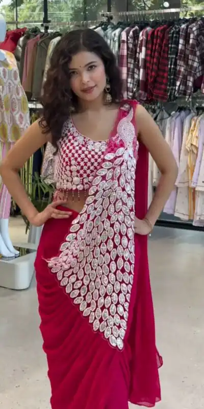 ST 1165 Pink Faux Georgette Saree with Embroidery Work & Sequins Work. Now at just ₹1799. Delivery 4-6 Working Days. Shop now. | Designer Sarees, Sarees, Bollywood Sarees, Creative Sarees, Embroidered Sarees, Ethnic Saree, Modern Digital sarees, Party Wear Sarees