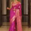 Pink Lichi Silk Border Lace Work Saree