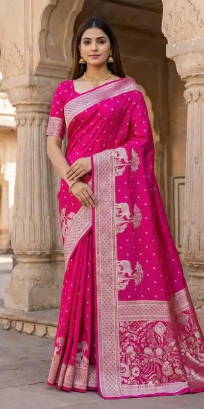 MB 25 GAJRAJ Pink in Pure Banarasi Silk Zari Work & Lace Work Saree . Introductory Price ₹1899. Delivery 4-6 Working Days. Shop now. | Designer Sarees, Sarees, Bollywood Sarees, Creative Sarees, Embroidered Sarees, Ethnic Saree, Modern Digital sarees, Party Wear Sarees