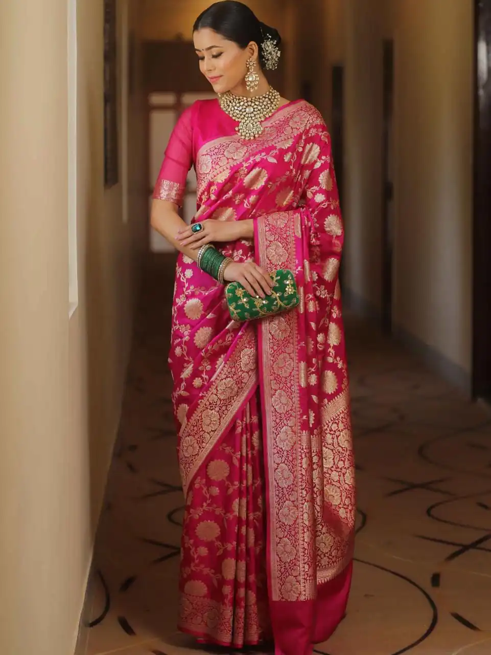 Pink Soft Lichi Silk All Over Work Saree - Image 4