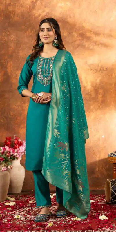 Firozi Marina Silk Embroidery Work Salwar Suit