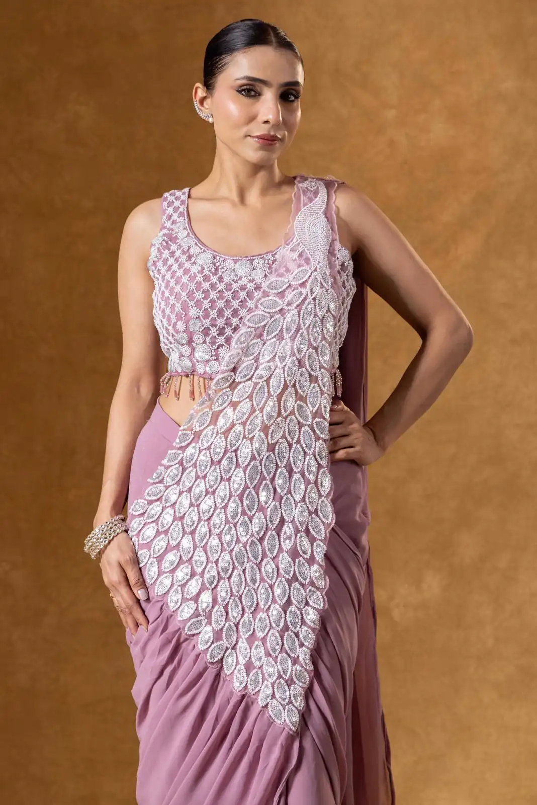 ST 1165 Onion Faux Georgette Saree with Embroidery Work & Sequins Work. Now at just ₹1799. Delivery 4-6 Working Days. Shop now. | Designer Sarees, Modern Digital sarees, Sarees, Bollywood Sarees, Creative Sarees, Embroidered Sarees, Ethnic Saree, Party Wear Sarees