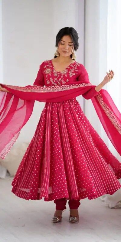 SRK 5293 Pink With Crunchy Silk With Fully Flair with Lace Work & Embroidery Work Anarkali Gown . Introductory Price ₹2149. Delivery 4-6 Worki | Gowns, Bollywood Gowns, Creative Gowns, Designer Gowns, Embroidered Gowns, Party Wear Gowns