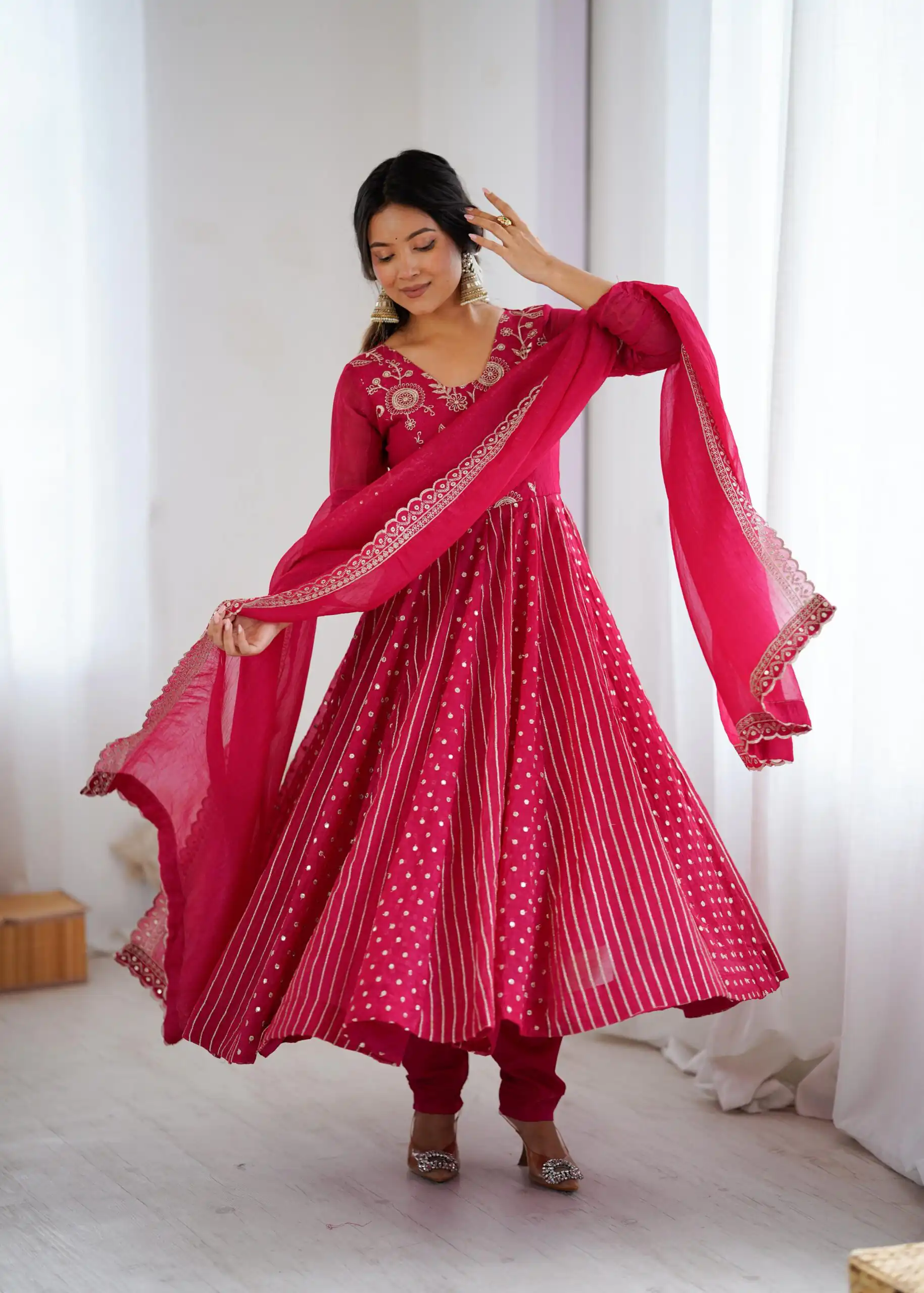 SRK 5293 Pink With Crunchy Silk With Fully Flair with Lace Work & Embroidery Work Anarkali Gown . Introductory Price ₹2149. Delivery 4-6 Worki | Gowns, Bollywood Gowns, Creative Gowns, Designer Gowns, Embroidered Gowns, Party Wear Gowns