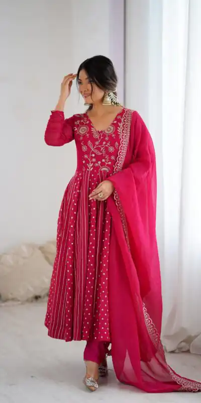 SRK 5293 Pink With Crunchy Silk With Fully Flair with Lace Work & Embroidery Work Anarkali Gown . Introductory Price ₹2149. Delivery 4-6 Worki | Gowns, Bollywood Gowns, Creative Gowns, Designer Gowns, Embroidered Gowns, Party Wear Gowns