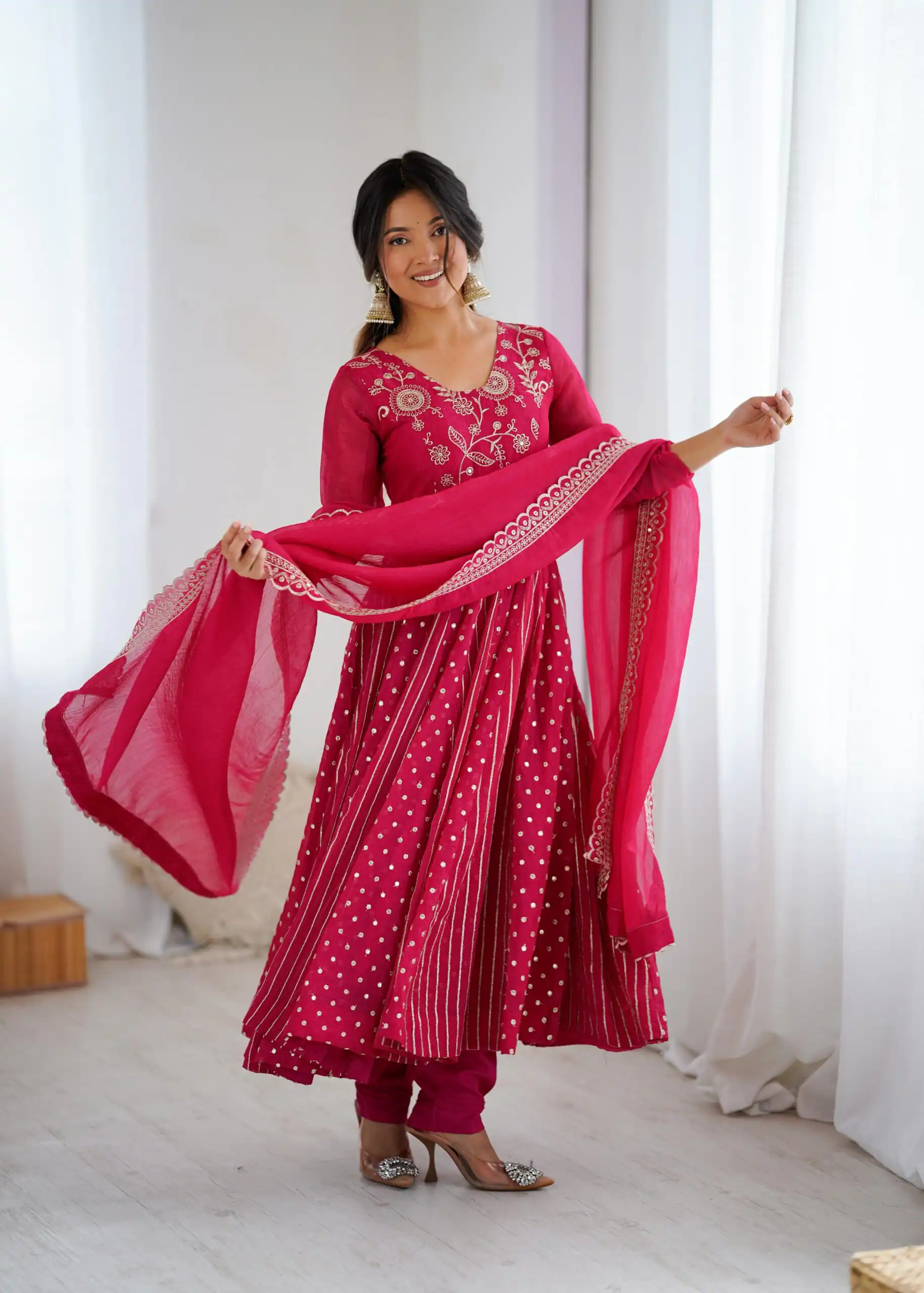 SRK 5293 Pink With Crunchy Silk With Fully Flair with Lace Work & Embroidery Work Anarkali Gown . Introductory Price ₹2149. Delivery 4-6 Worki | Gowns, Bollywood Gowns, Creative Gowns, Designer Gowns, Embroidered Gowns, Party Wear Gowns