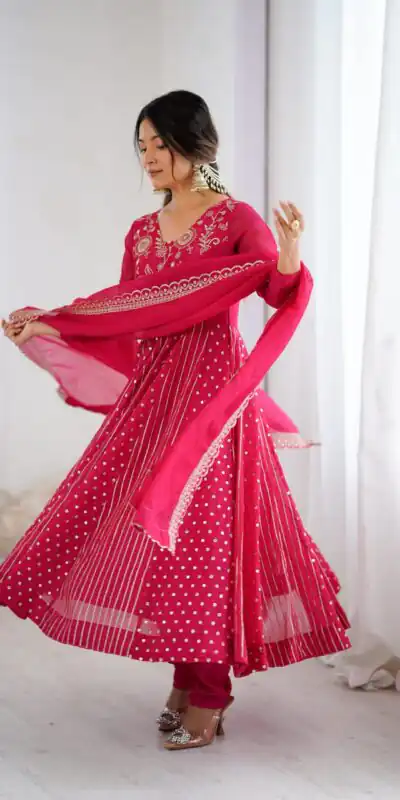 SRK 5293 Pink With Crunchy Silk With Fully Flair with Lace Work & Embroidery Work Anarkali Gown . Introductory Price ₹2149. Delivery 4-6 Worki | Gowns, Bollywood Gowns, Creative Gowns, Designer Gowns, Embroidered Gowns, Party Wear Gowns