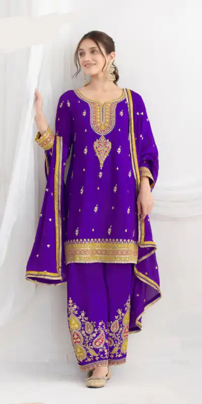 Purple Chinon Embroidery Mirror Work Salwar Suit