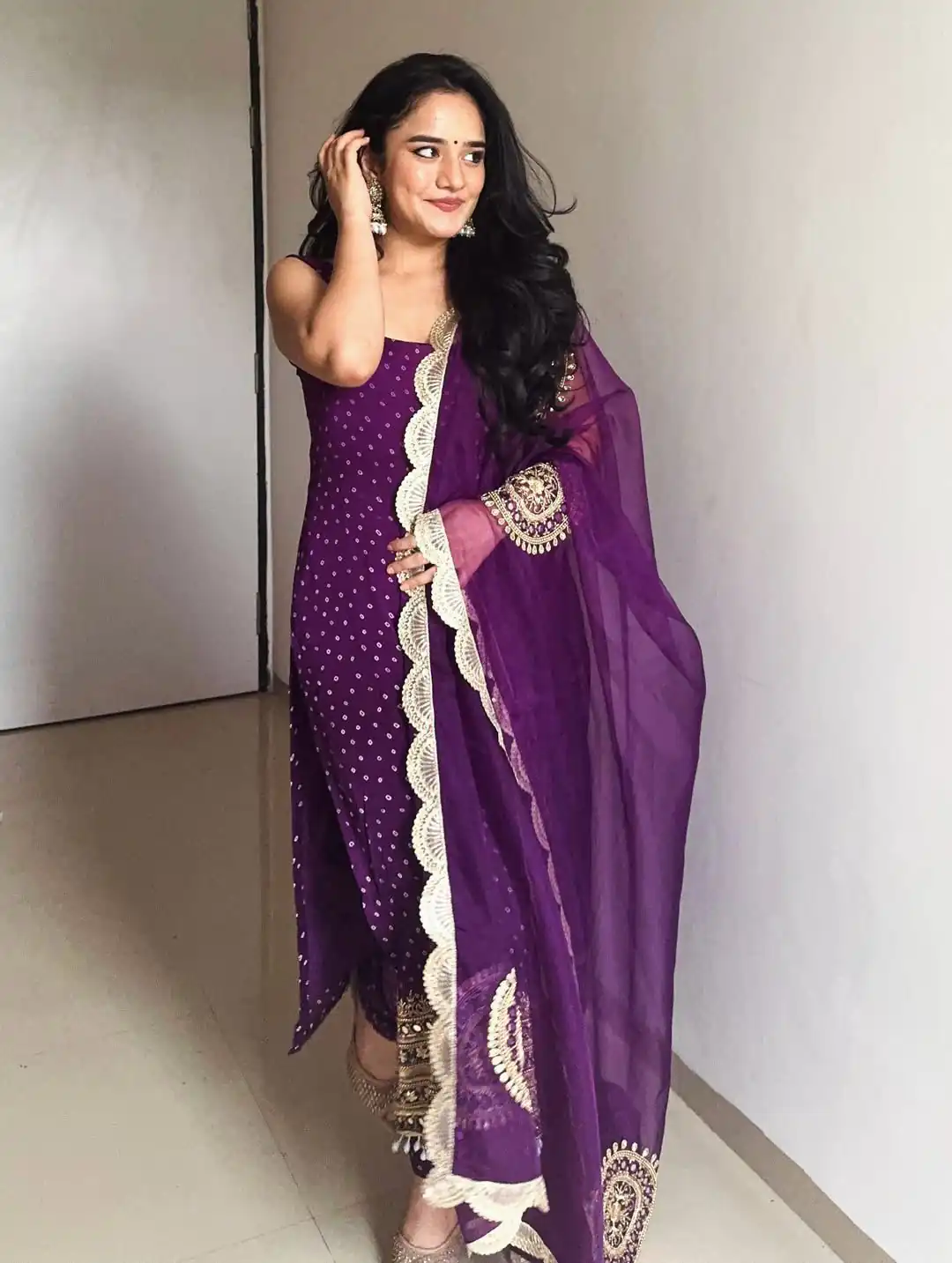 Purple Faux Georgette Mirror Embroidery Work Salwar Suit - Image 2