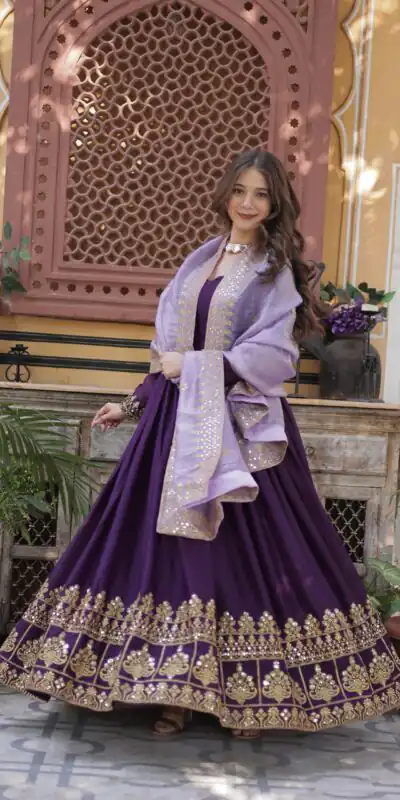 KA 1143 Purple Faux Georgette Sequence Work Gown Gown. Wedding, Party, Festive, Events Grab it for ₹2649. Delivery 4-6 Working Days. Shop now. | Gowns, Bollywood Gowns, Creative Gowns, Designer Gowns, Embroidered Gowns, Party Wear Gowns