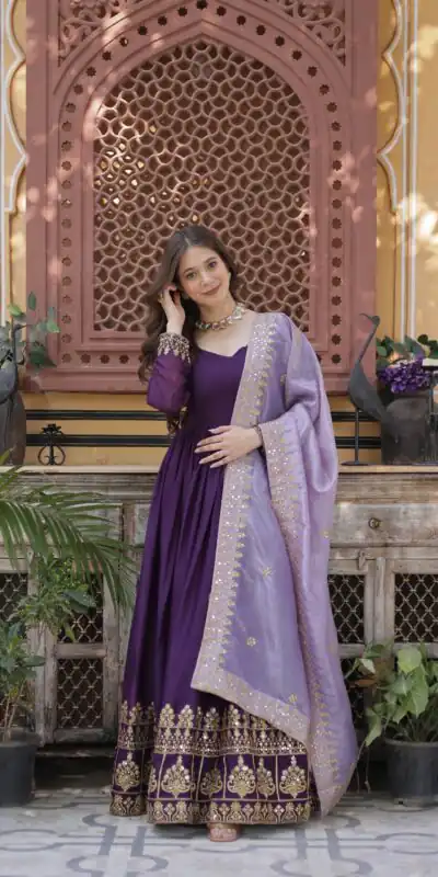 KA 1143 Purple Faux Georgette Sequence Work Gown Gown. Wedding, Party, Festive, Events Grab it for ₹2649. Delivery 4-6 Working Days. Shop now. | Gowns, Bollywood Gowns, Creative Gowns, Designer Gowns, Embroidered Gowns, Party Wear Gowns