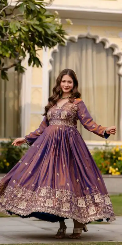 RR 38 Purple Fendy Satin Gown Perfect for Wedding, Party, Pongal, Makar Sankranti, Ganesh Chaturthi – . Available at ₹2649 only. Delivery 4-6 Wor | Gowns, Bollywood Gowns, Creative Gowns, Designer Gowns, Embroidered Gowns, Party Wear Gowns