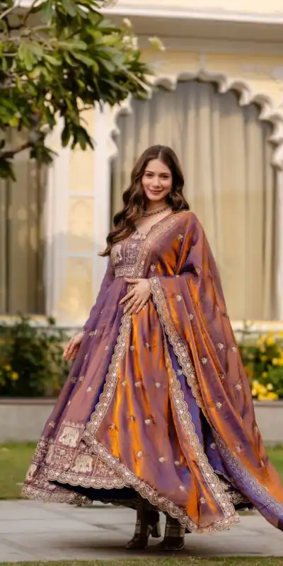 RR 38 Purple Fendy Satin Gown Perfect for Wedding, Party, Pongal, Makar Sankranti, Ganesh Chaturthi – . Available at ₹2649 only. Delivery 4-6 Wor | Gowns, Bollywood Gowns, Creative Gowns, Designer Gowns, Embroidered Gowns, Party Wear Gowns