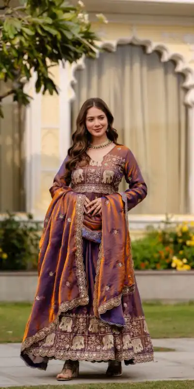 RR 38 Purple Fendy Satin Gown Perfect for Wedding, Party, Pongal, Makar Sankranti, Ganesh Chaturthi – . Available at ₹2649 only. Delivery 4-6 Wor | Gowns, Bollywood Gowns, Creative Gowns, Designer Gowns, Embroidered Gowns, Party Wear Gowns