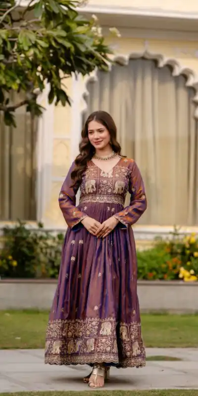 RR 38 Purple Fendy Satin Gown Perfect for Wedding, Party, Pongal, Makar Sankranti, Ganesh Chaturthi – . Available at ₹2649 only. Delivery 4-6 Wor | Gowns, Bollywood Gowns, Creative Gowns, Designer Gowns, Embroidered Gowns, Party Wear Gowns