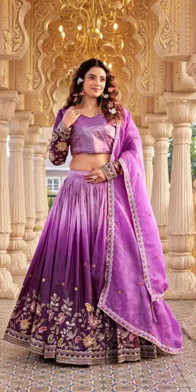 Purple Gold Crush Embroidery Work Lehenga Choli