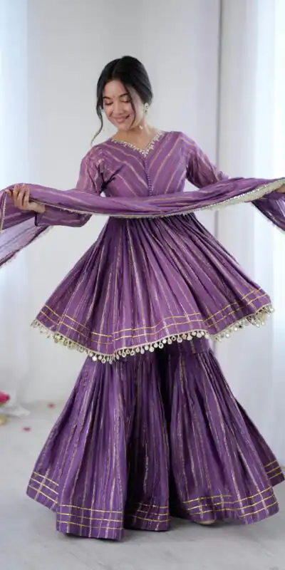Purple Mal Chanderi Mirror Work Salwar Suit