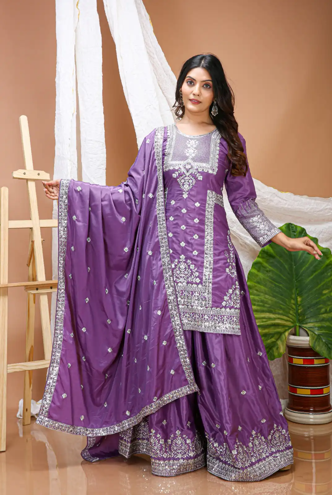 Purple Natural Crap Embroidery Work Salwar Suit - Image 3