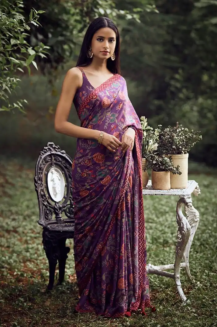 KT 174 Purple Digital Print & Lace Work Saree in Blue Softy Silk. Introductory Price ₹1474. Delivery 4-6 Working Days. Shop now. | Designer Sarees, Sarees, Bollywood Sarees, Creative Sarees, Embroidered Sarees, Ethnic Saree, Modern Digital sarees, Party Wear Sarees