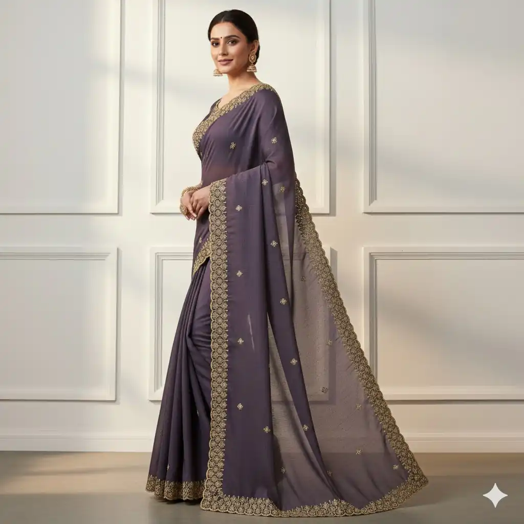 JR 659 Purple in Color Star Georgette Embroidery Work Saree . Available at ₹1799 only. Delivery 4-6 Working Days. Shop now. | Designer Sarees, Sarees, Bollywood Sarees, Creative Sarees, Embroidered Sarees, Ethnic Saree, Modern Digital sarees, Party Wear Sarees