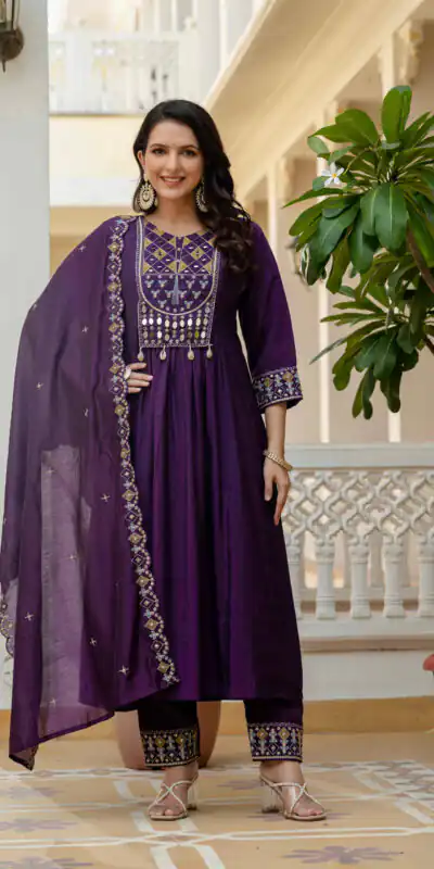 DIVA 126 Purple Viscose Roman Silk Anarkali Suit with Mirror Work & Embroidery Work. Affordable Price ₹2049. Delivery 4-6 Working Days. Shop now. | Anarkali Suits, Bollywood Anarkali, Creative-Anarkali, Designer Anarkali, Embroidered Anarkali, Party Wear Anarkali